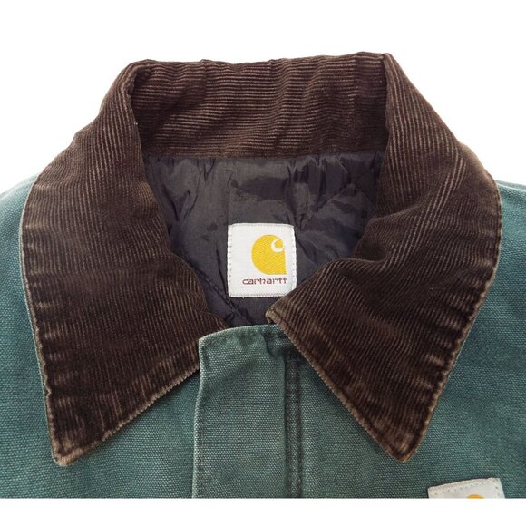 Vintage Carhartt Green Chore Work Jacket Brown Corduroy Collar Fits Like Medium - Picture 4 of 13